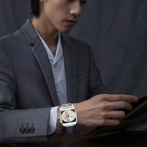 Vista 8 de FANMIS Reloj de pulsera analógico automático de acero inoxidable con fecha oblonga plateada para hombre, Mecánico