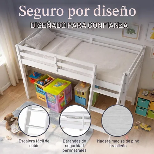 Vista 3 de Alaterre Furniture Roxy - Cama tipo loft individual – Cama baja tipo loft con escalera, barandillas de seguridad y espacio debajo de la cama
