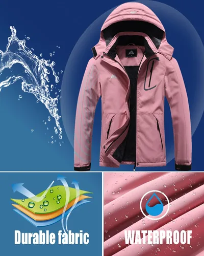 Vista 5 de Chaqueta de esquí impermeable para mujer, resistente al viento, cortavientos, abrigo de nieve cálido con capucha