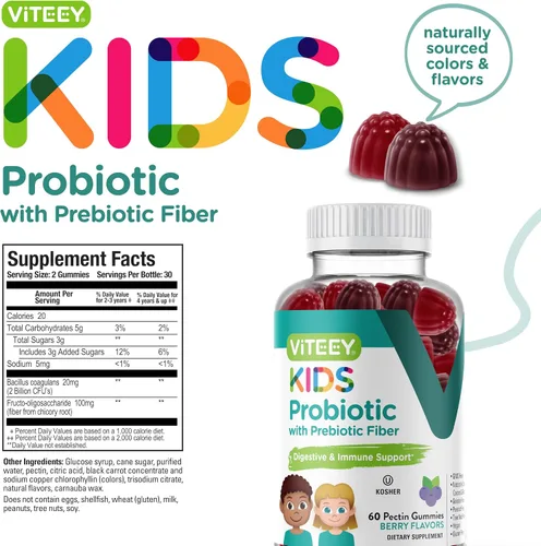 Vista 4 de Viteey - Gomitas probióticas para niños, más fibra de prebióticos, 2 mil millones de UFC Digestive Health, Gut Health, Constipation Relief for