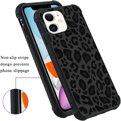 Vista 5 de KANGHAR - Funda compatible con iPhone 11, diseño de leopardo negro, textura de neumático antideslizante, a prueba de golpes, funda protectora