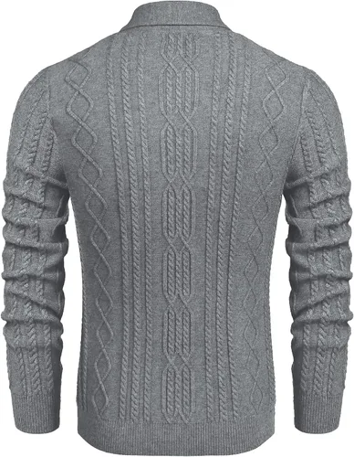 Vista 3 de COOFANDY Suéter de punto trenzado con cuello de chal para hombre, ajuste delgado, casual, con cremallera