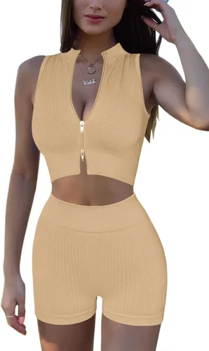 Vista 7 de Conjuntos de entrenamiento para mujer, conjuntos de 2 piezas, sin costuras, acanalados, con cremallera bidireccional, manga corta, pantalones cortos