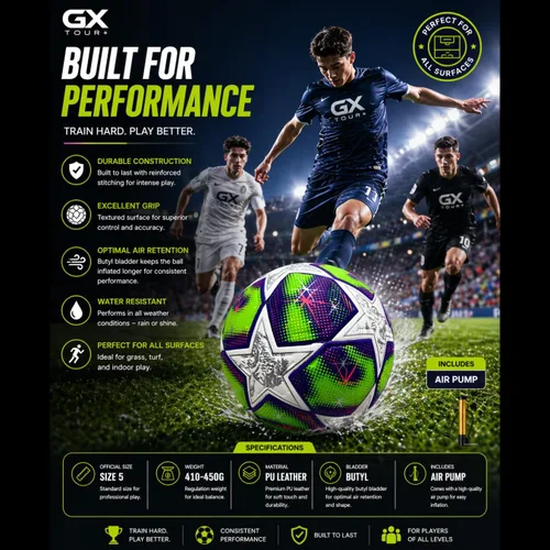 Vista 6 de Balón de fútbol GX de tamaño profesional 5. Pelota de entrenamiento y competición texturizada, todo terreno con bomba de aire y agujas. Perfecto