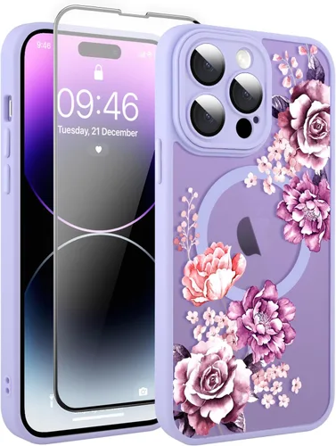 Vista 185 de Funda magnética para iPhone 13 con protector de pantalla [compatible con MagSafe], diseño de patrón floral de flores, a prueba de golpes