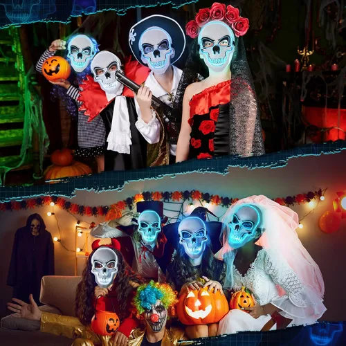 Vista 5 de [Usado] Liliful 3 máscaras de Halloween con luces LED de calavera aterradora con alambre electroluminiscente, 3 modos intermitentes, accesorios