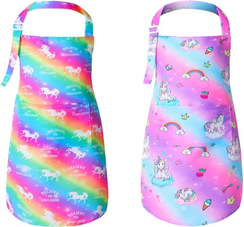 Vista 7 de PASHOP Paquete de 2 delantales para niños, delantales de sirena con bolsillos para niños y niñas, para cocinar, hornear, pintar
