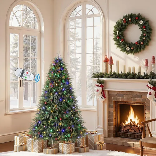 Vista 10 de SHareconn Árbol de Navidad de ciprés artificial preiluminado de 7 pies 390 luces blancas cálidas y multicolor, 17 modos de control remoto, 1420