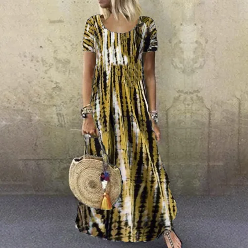 Vista 2 de Vestido casual de verano para mujer, vestido de manga corta con estampado de teñido anudado