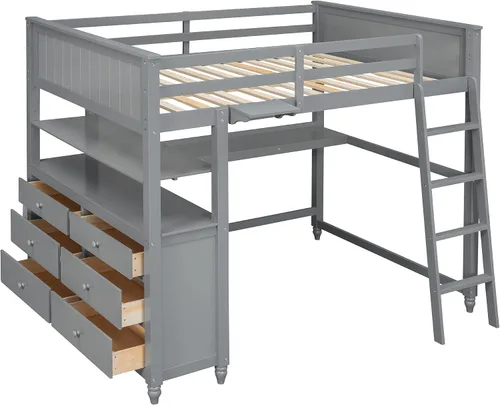 Vista 5 de Cama tipo loft tamaño matrimonial con escritorio y cajones de almacenamiento, cama alta tamaño matrimonial para adultos y niños, marco de cama