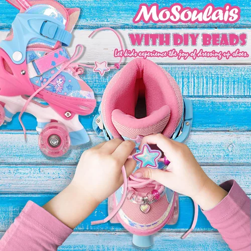 Vista 3 de Patines de Sirena para Niñas, MoSoulais 4 Tamaños Ajustables con Ruedas Iluminadas para Niños Pequeños, Patines para Mujeres Principiantes