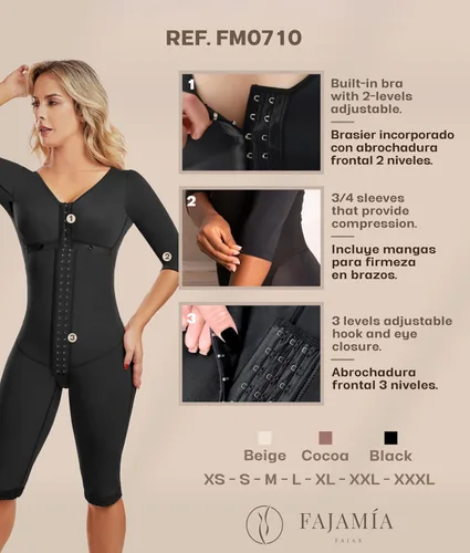 Vista 3 de 0710 Fajas Colombianas Moldeadoras con mangas y sujetador, faja moldeadora para control de abdomen en Powernet, longitud hasta la rodilla, ganchos