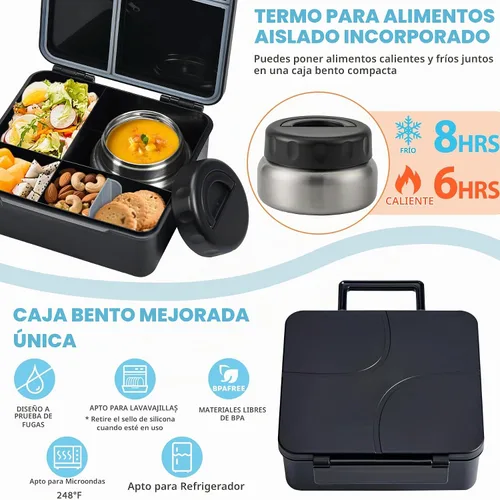 Vista 4 de Lonchera Bento con termo de sopa de 9.5 onzas, a prueba de fugas, 4 compartimentos, con cupcake de silicona, tenedor de frutas, cuchara y taza
