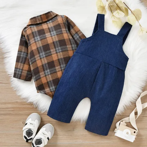 Vista 3 de ODASIRA Ropa de bebé niño, trajes de bebé, overol de manga larga a cuadros + overol de jeans, conjunto de pantalones