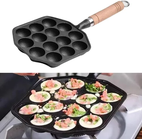Vista 4 de HERCHR Takoyaki - Plato para parrilla, 14 agujeros, sartén Takoyaki, antiadherente, de hierro fundido, para hacer moldes con mango desmontable