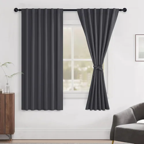 Vista 10 de Hiasan Cortinas opacas negras para dormitorio, cortinas opacas cortas de 45 pulgadas de largo, con aislamiento térmico, bolsillo para barra