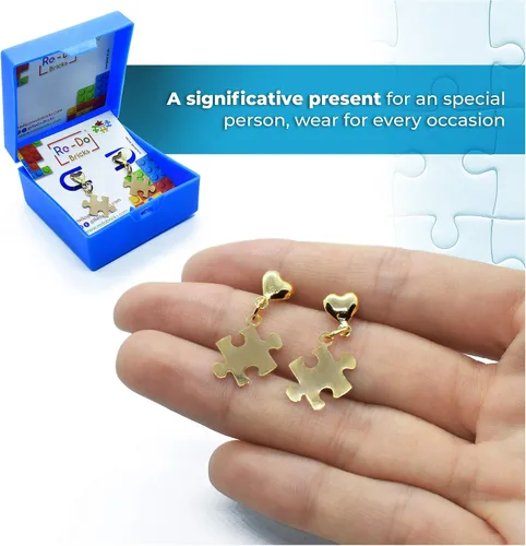 Vista 9 de Re-Do Bricks - Aretes chapados en oro para concientización sobre el autismo, gran regalo, hermoso colgante colgante, hecho a mano en Estados Unidos.