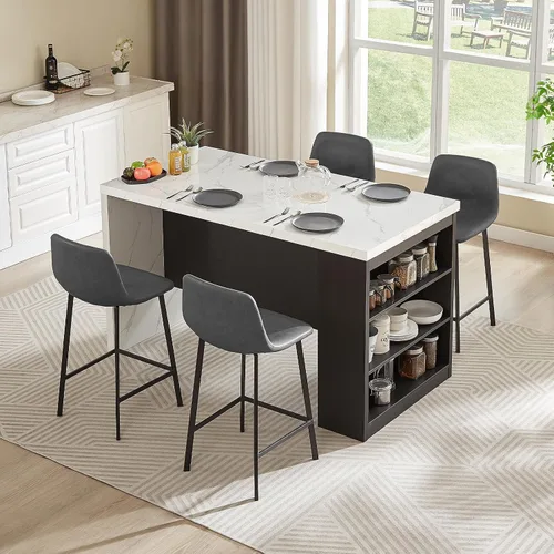 Vista 3 de ONBRILL Mesa completa de mesa de isla de cocina de 61 x 31 pulgadas con espacio de almacenamiento, toma de corriente y luces LED, mesa de comedor