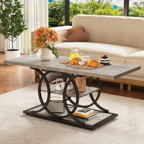 Vista 7 de GiftGo Mesa de café rústica con almacenamiento industrial de 3 niveles, mesa de centro de madera rectangular estilo granja para sala de estar, mesa