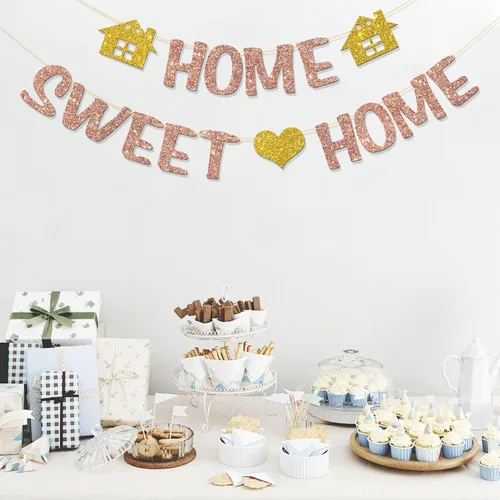 Vista 4 de Home Sweet Home Banner – Suministros para fiestas de bienvenida a casa – Decoración de fiesta de inauguración de la casa – Purpurina de oro rosa