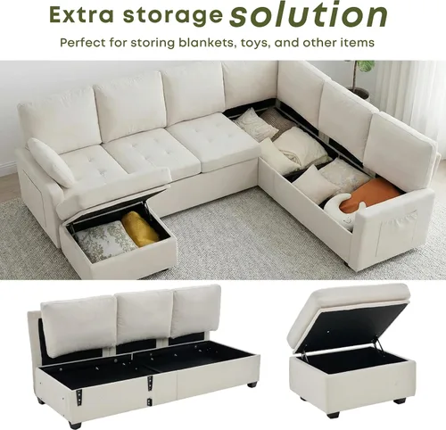 Vista 7 de Huatean Home Sofá extraíble de 105 pulgadas con almacenamiento, sofá cama, sofás modulares en forma de U de 7 asientos para sala de estar, sofá Beige