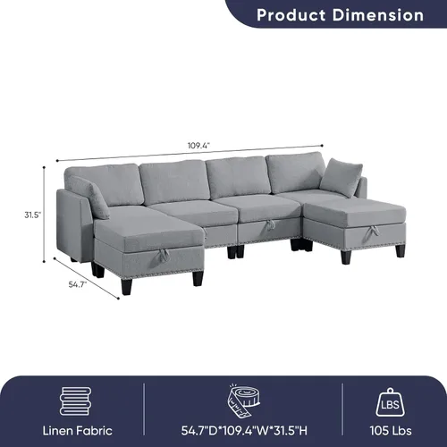 Vista 3 de ijuicy Sofá modular convertible de 110 pulgadas con asientos de almacenamiento y 2 otomanas móviles, sofá modular en forma de U de 6 asientos