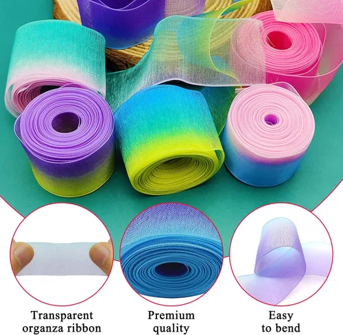 Vista 4 de 6 rollos de cintas de gasa de organza con arco iris, cinta de gasa transparente para manualidades de Navidad, corona, envoltura de regalos, ramos