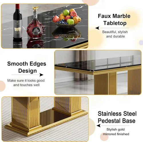 Vista 4 de Juego de mesa de comedor de mármol para 4, mesa de cocina rectangular de mármol negro de 68 pulgadas con base en H de acero inoxidable dorado, juego