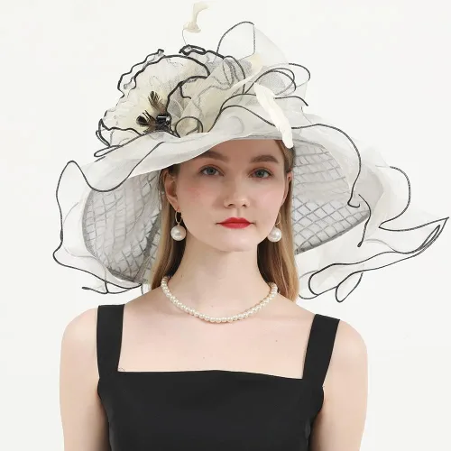 Vista 3 de Sombreros de organza para mujer, para fiesta, iglesia, derby, visera para el sol, sombreros, flores, tocados, fedoras de ala ancha grande