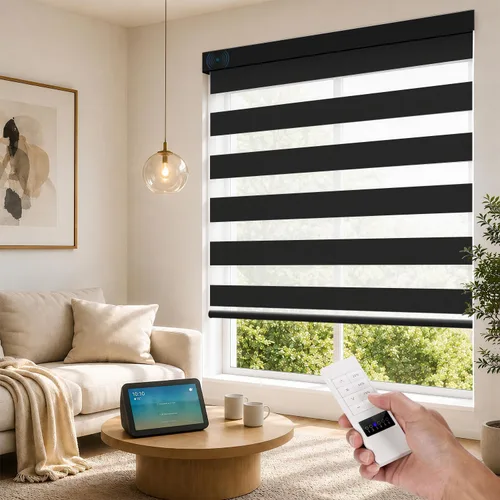 Vista 16 de ACMEART Persianas motorizadas de cebra con control remoto, persianas automáticas de doble capa, persianas eléctricas opacas para oficina del hogar