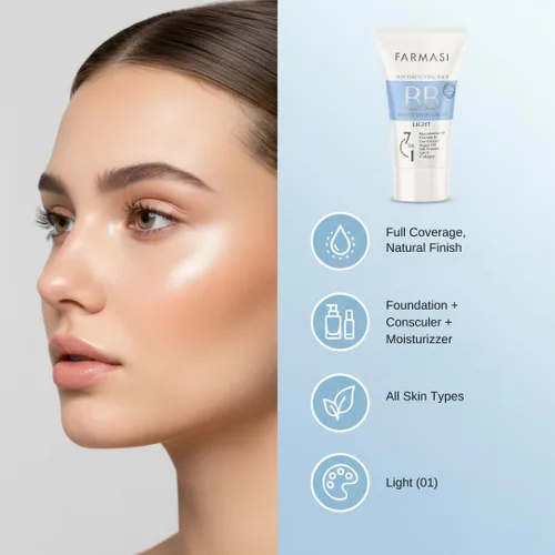 Vista 3 de FARMASi BB Cream Beauty Balm, hidratante tintado con SPF 15, acabado mate ligero, maquillaje facial de cobertura construible, 1.7 onzas líquidas, 01