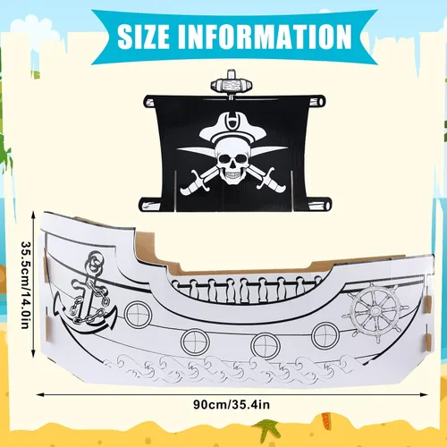 Vista 2 de Eaasty Colorear barco pirata de cartón, barco de cartón, casa de juegos para niños, manualidades, bricolaje, niños grandes, casa de juegos al aire