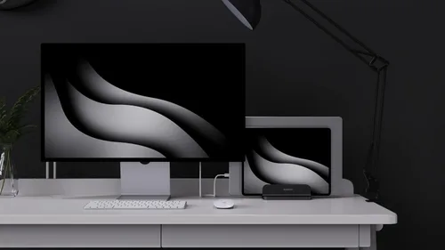 Vista 8 de Organizador vertical de aluminio doble para laptop, soporte resistente para computadora portátil compatible con Liquid Retina XDR Apple MacBook Negro