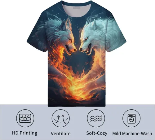 Vista 4 de Camiseta con estampado de lobo de fuego para hombre, camiseta con estampado en 3D, camiseta de moda