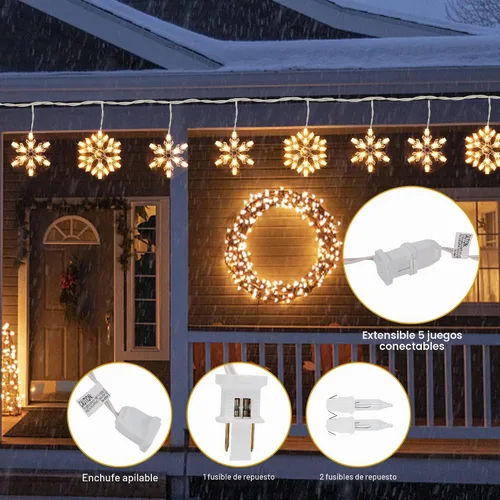 Vista 4 de Luces de Copo de Nieve de 8.5 Pies con 6 Gotas, 100 Bombillas Transparentes de Luces de Cadena de Navidad, Enchufables y Conectables Juego de Luces