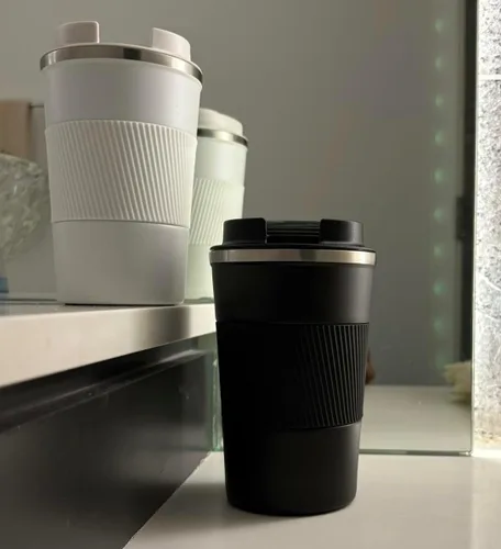 Vista 5 de Taza de café de 12 onzas con identificador de temperatura de acero inoxidable doble pared taza termica para bebidas frías calientes tapa a prueba