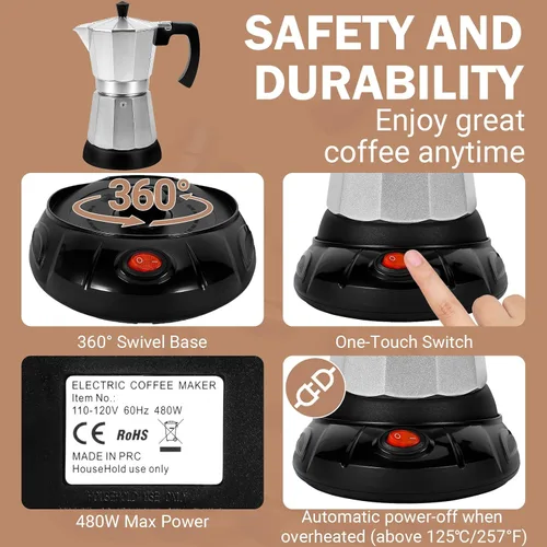 Vista 3 de Cafetera Moka Eléctrica de Aluminio Plateado, Cafetera de Espresso de 3 o 6 Tazas con Placa de Reducción de Dosis