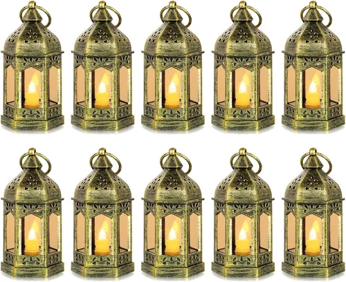 Vista 10 de Romadedi Mini Linternas Decorativas para Centro de Mesa: 10 piezas de linterna pequeña negra colgante a granel con velas LED parpadeantes para Negro