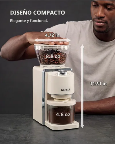Vista 8 de KIDISLE Molinillo de café cónico 2.0, molinillo eléctrico de granos de café para molienda precisa, 35 ajustes, selector de 2 a 12 tazas, diseño Beige