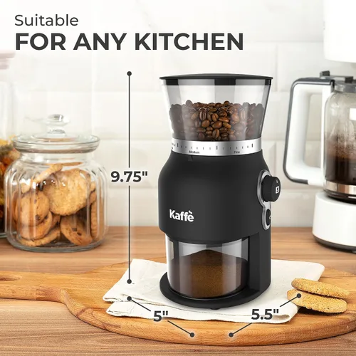 Vista 6 de Kaffe - Molinillo eléctrico de café (5.5 onzas), rebabas cónicas, 25 niveles de grosor ajustables, negro mate, cepillo de limpieza incluido