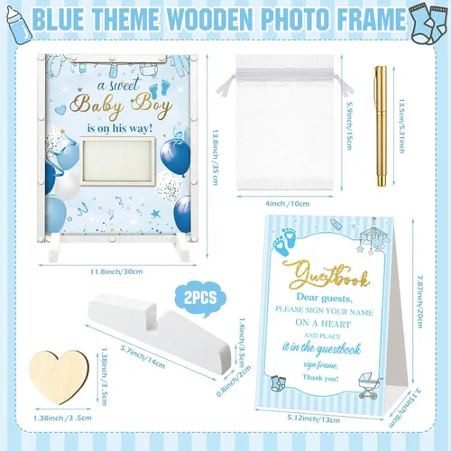 Vista 3 de Beeveer 65 piezas de libro de invitados para baby shower, libro de invitados azul para baby shower, libro de invitados con marco de fotos y 60 chips