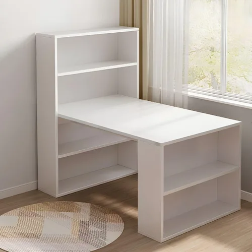 Vista 12 de Escritorio para computadora, escritorio de oficina de madera resistente con cubos abiertos y mucho almacenamiento de escritorio esquinero