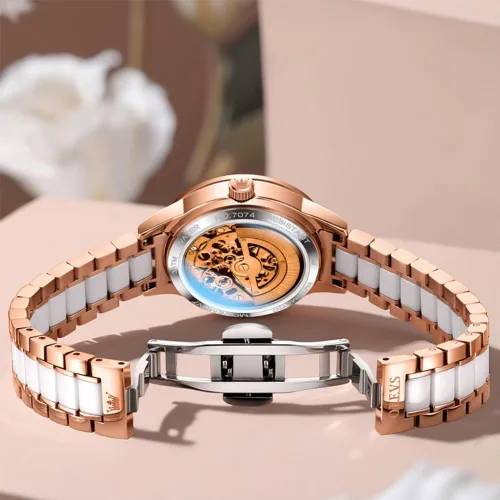 Vista 3 de OLEVS Relojes para mujer, reloj automático de lujo, correa de cerámica, oro rosa, reloj de pulsera para mujer