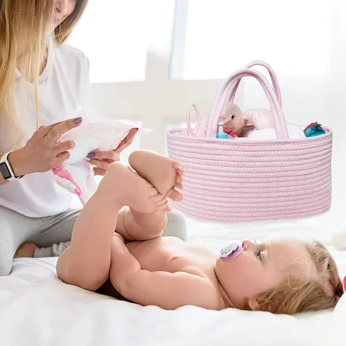 Vista 2 de ABenkle Organizador de Pañales - Cesta de Almacenamiento de Cuerda de Algodón para Artículos Esenciales del Bebé, Regalo de Baby Shower para Niños
