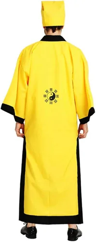 Vista 3 de Chino Antiguo Taoísta Traje Exorcista Monje Viene Abajo La Montaña Cosplay Amarillo Taoísta Uniforme Tai Chi Bagua Túnica
