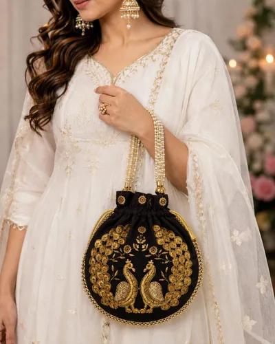 Vista 2 de Bolsa de terciopelo bordada para mujer, bolsa con cordón, regalo de boda dorado para mujer Negro