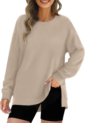 Vista 2 de Sudaderas básicas para mujer, otoño, invierno, casual, lisasgráficas, de gran tamaño, cuello redondo, sin botones, abertura lateral, manga larga