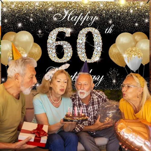 Vista 3 de Decoraciones de feliz cumpleaños 60 para hombres y mujeres – Cartel de fondo de cumpleaños 60 negro y dorado, cartel de patio, accesorios de cabina