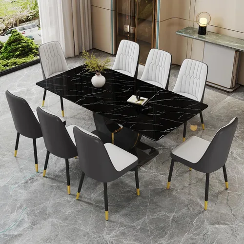 Vista 18 de JUFU Moderno juego de mesa de cocina y comedor, mesa rectangular con parte superior de mármol sintético, 63 pulgadas, color negro, 4 sillas