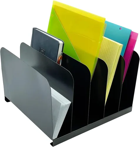 Vista 5 de Huron Carpeta organizadora de archivos de escritorio vertical con 6 ranuras, acero de grado comercial negro